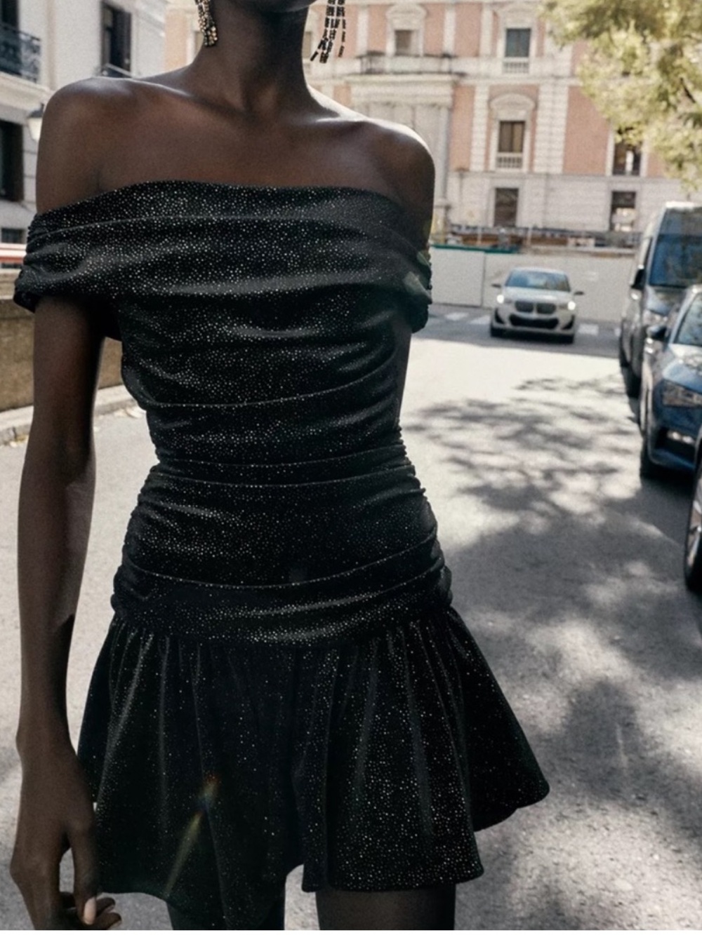 Zara Black Off-Shoulder Ruched Mini Dress